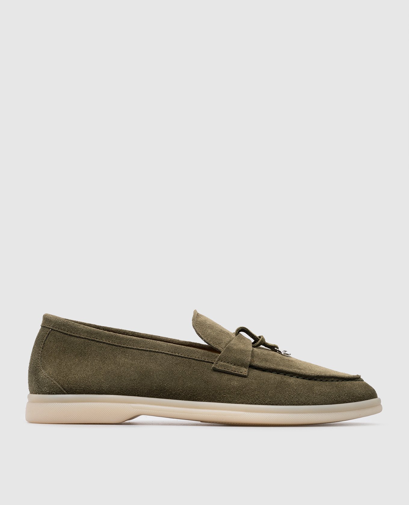 Green suede loafers with logo