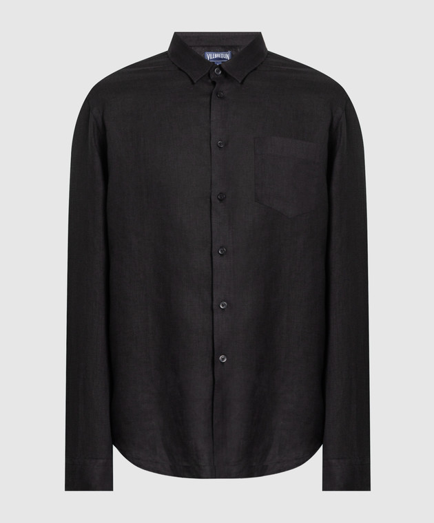Vilebrequin Caroubis black linen shirt with logo embroidery CRSP601P