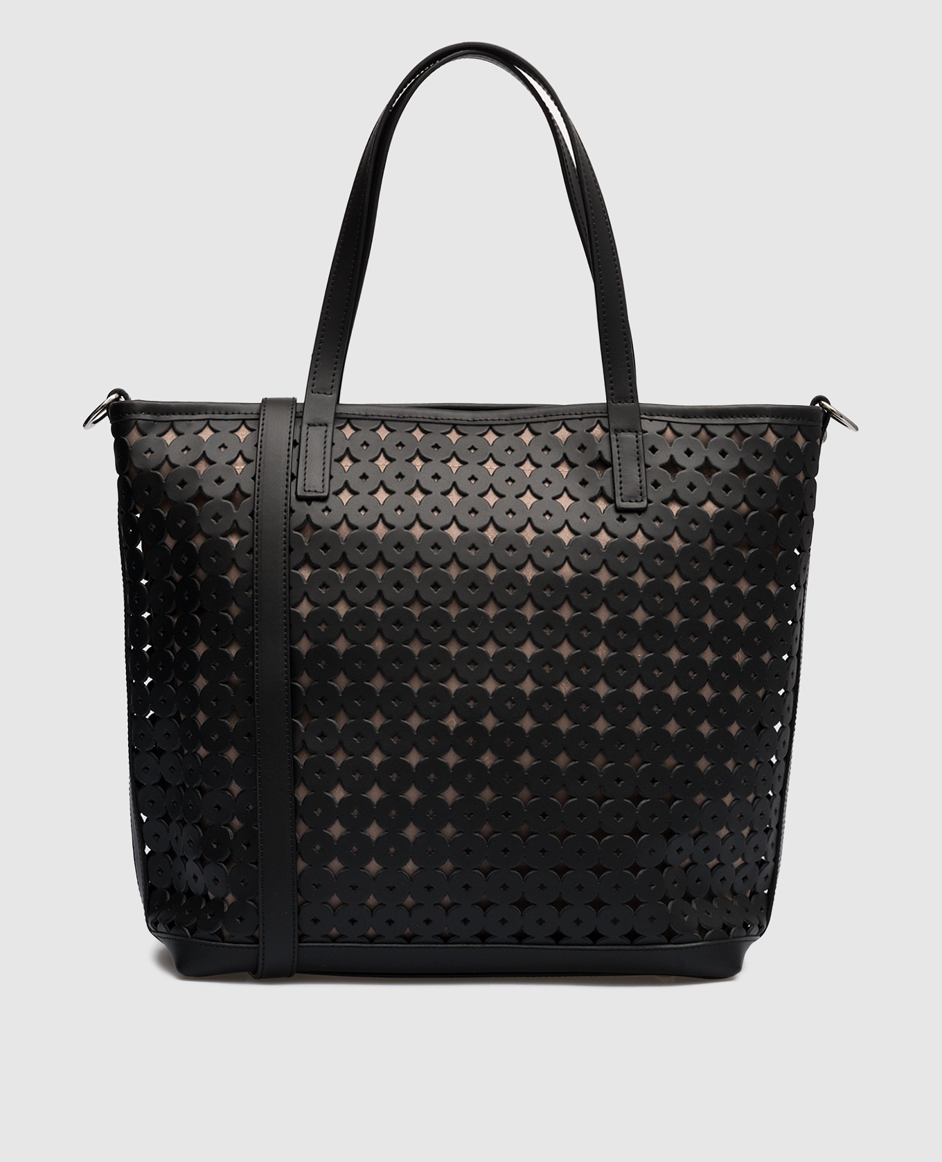 Black leather tote bag with perforation