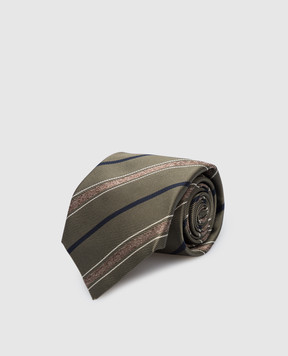 Brunello Cucinelli Краватка кольору хакі з шовку в смужку MM8910018