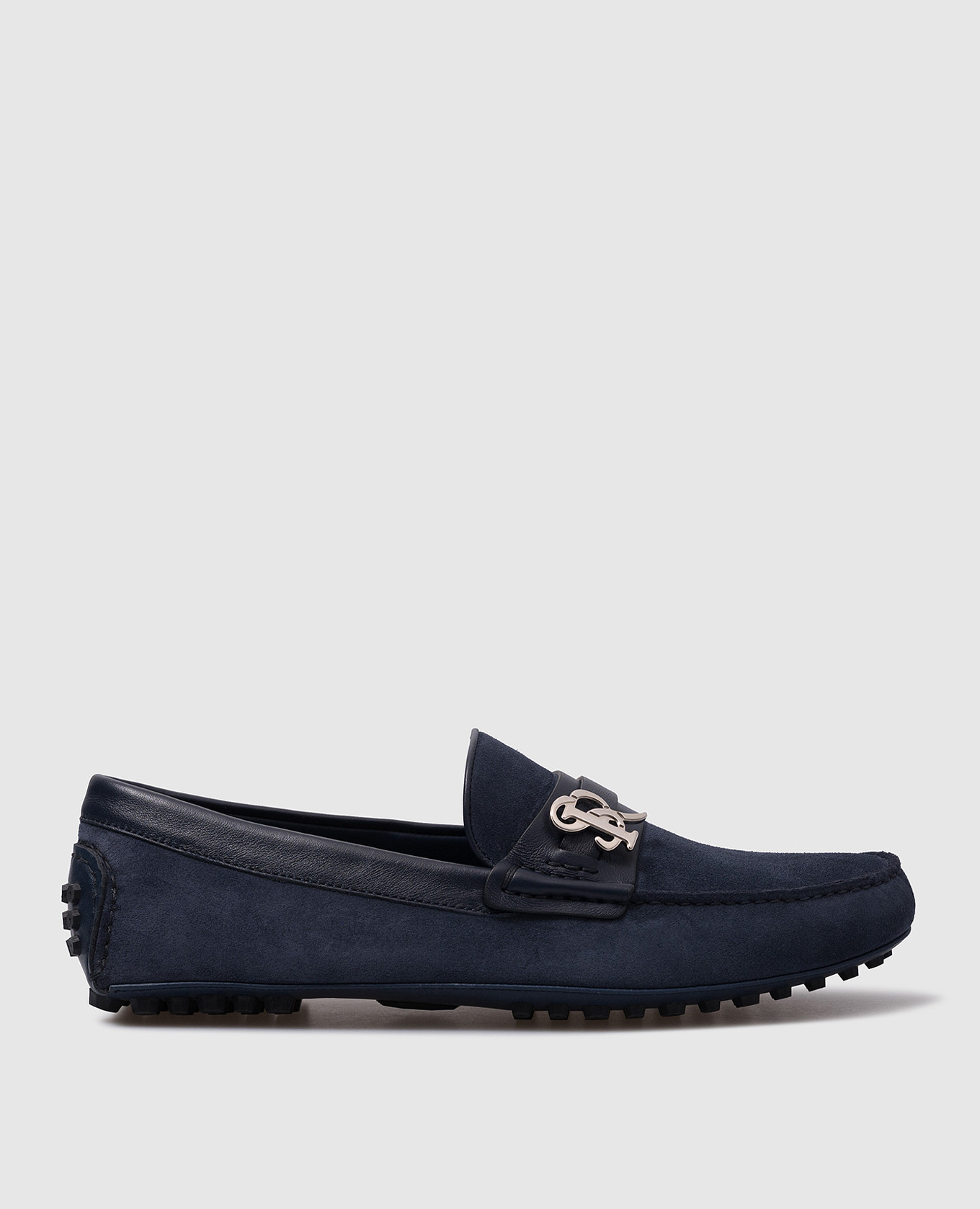 Blue suede moccasins with metallic logo