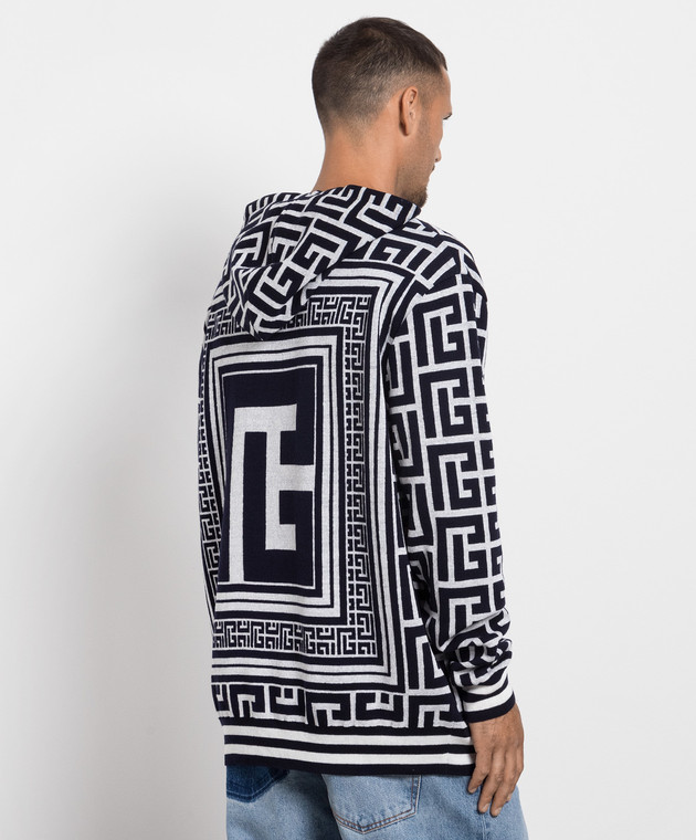 Balmain Blue wool and linen hoodie with logo monogram pattern BH1JR072KE82 image 4