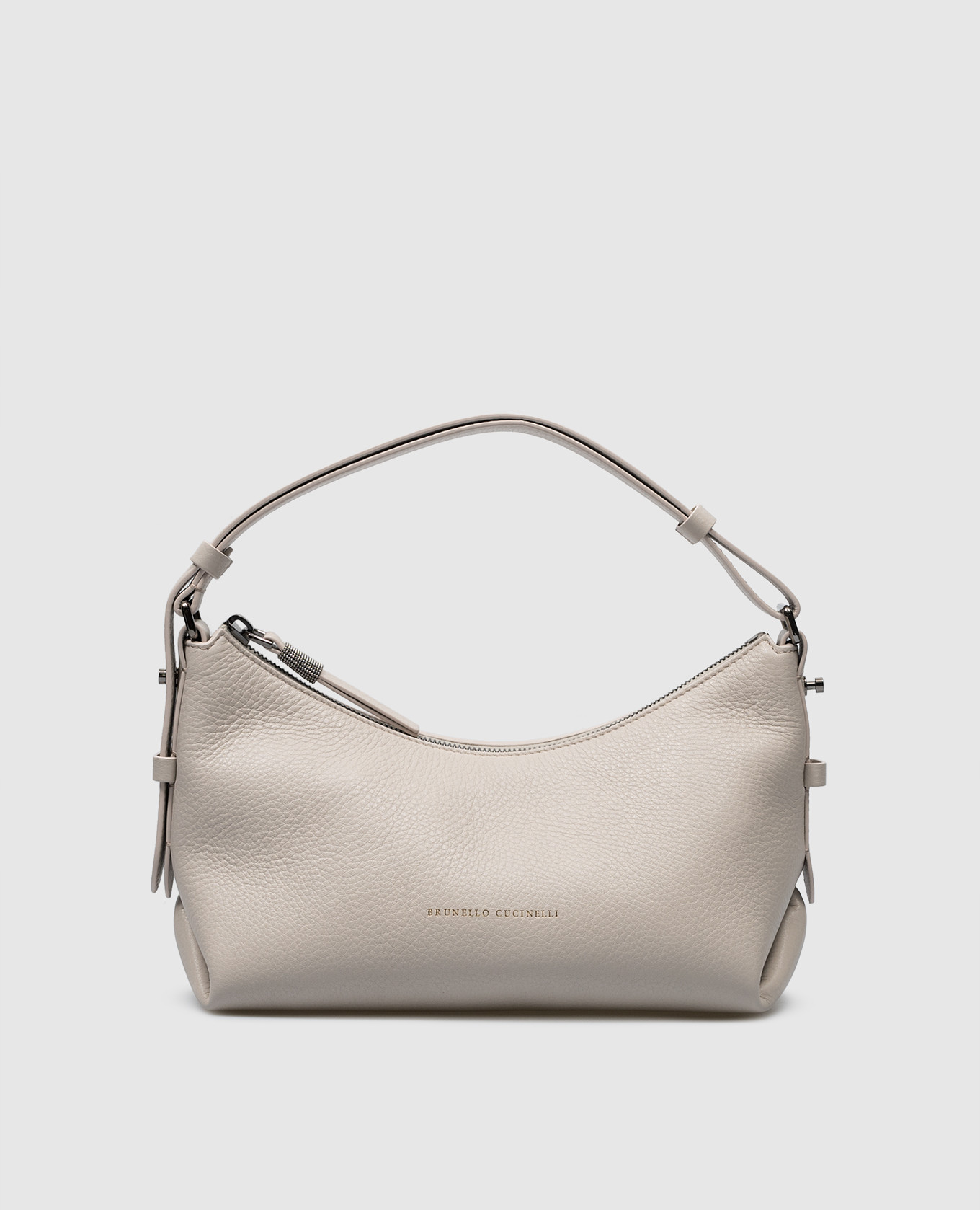 Beige leather hobo bag with logo print and monil chain