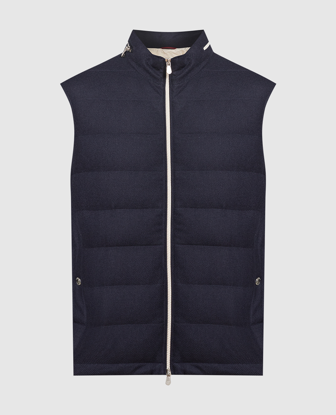 Brunello Cucinelli - Blue down vest made of wool, cashmere and silk ...