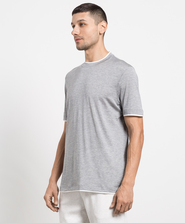 Brunello Cucinelli Серая меланжевая футболка с эффектом наложения слоев MTB467427 изображение 3