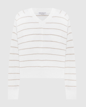 Brunello Cucinelli Білий пуловер в смужку з вовною з ланцюжком моніль MER137002