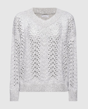 Brunello Cucinelli Сірий ажурний пуловер з паєтками MPT361502
