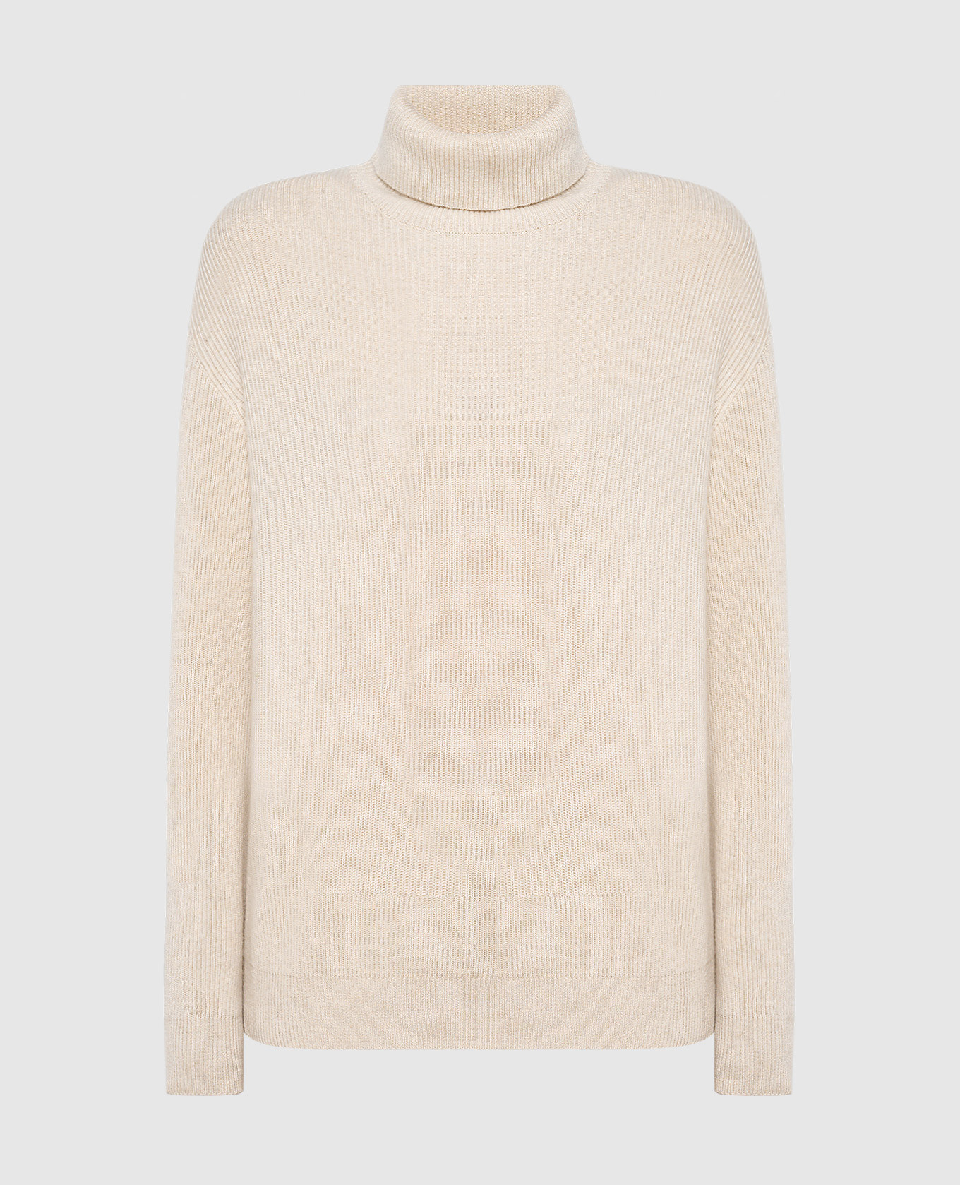 Beige ribbed cashmere turtleneck with monil chain