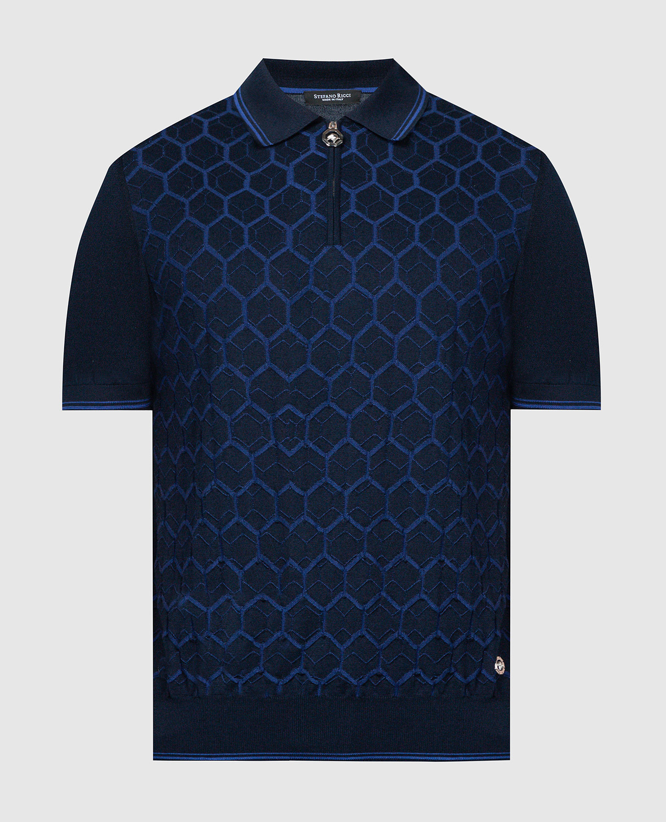 Blue polo with silk in a textured pattern with a logo