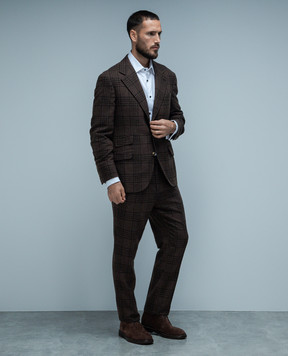 Brunello Cucinelli Коричневый костюм из шерсти, шелка и кашемира в клетку MY437LDWH