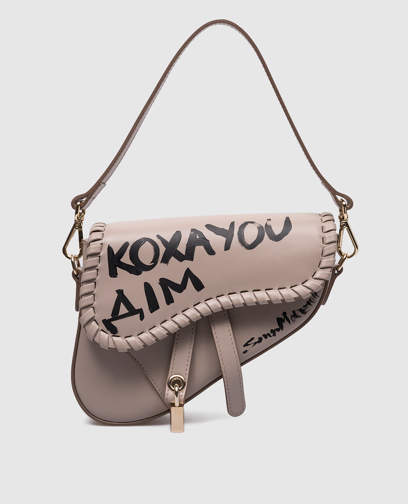 

Бежевая кожаная сумка-седл с надписью Сони Морознюк, Бежевый, Сумки через плечо