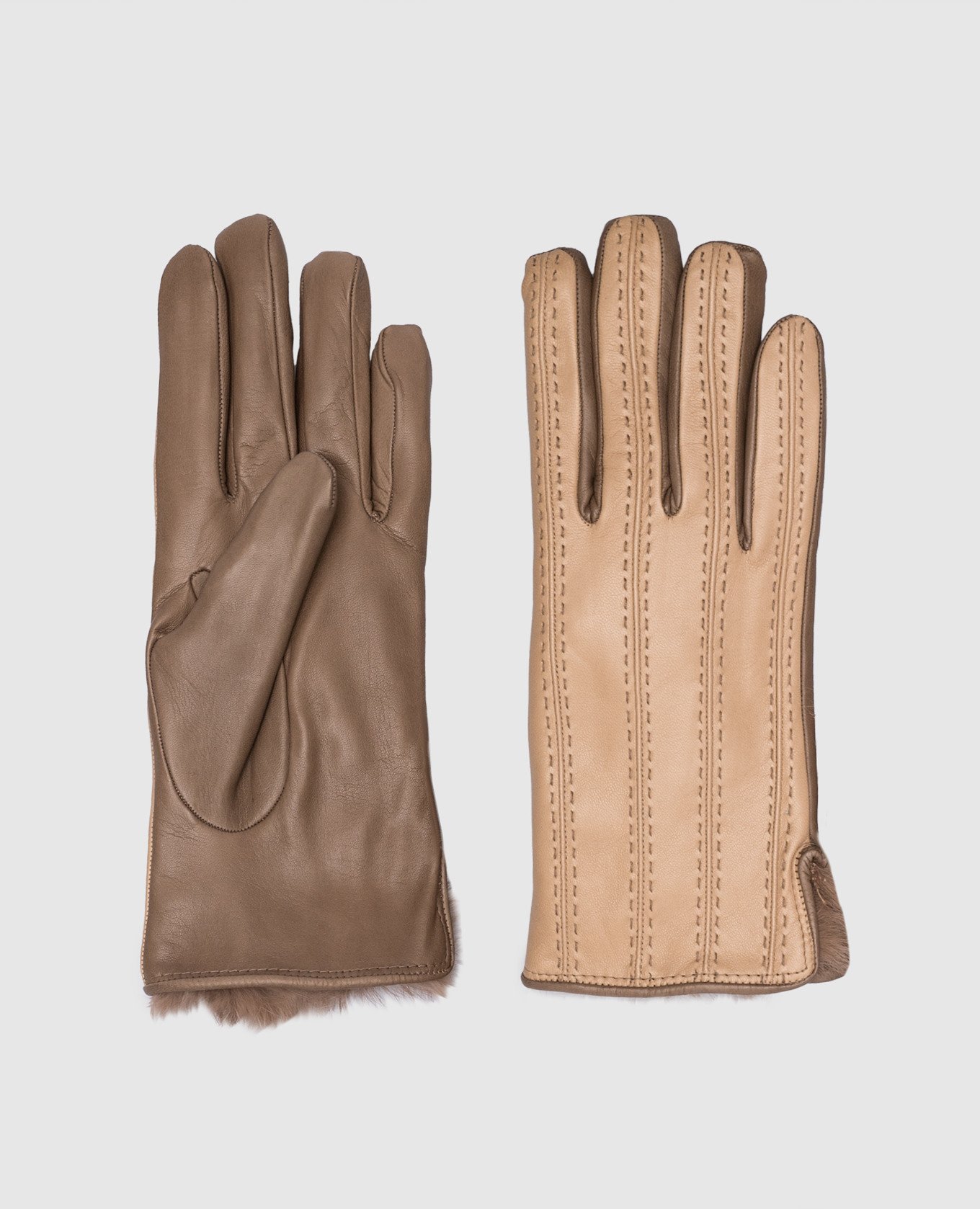 Бежевые кожаные перчатки на меху