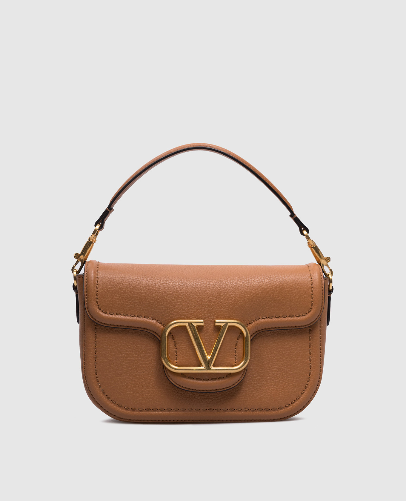 Alltime brown leather messenger bag with metallic VLogo Signature logo
