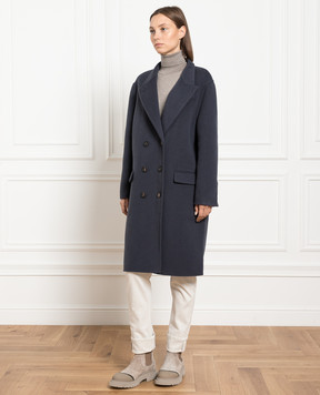 Brunello Cucinelli Синє двобортне пальто з вовни та кашеміру MD5329728P
