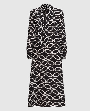 Valentino Черное платье миди из шелка в принт Chain 1967 2B3VA2K07N4