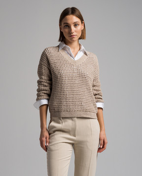 Brunello Cucinelli Бежевый ажурный пуловер с пайетками MDV796812
