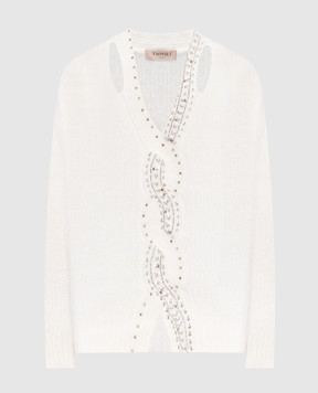 Twinset Белый свитер с кристаллами и пайетками 232TT3390