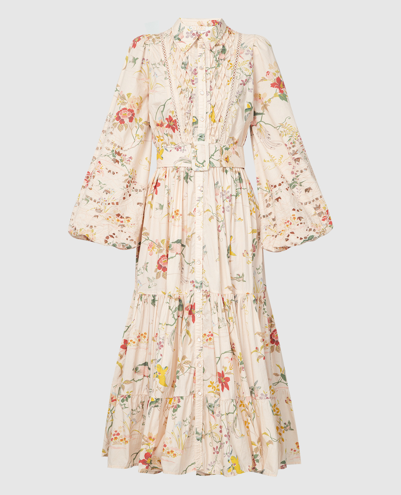 Бежевое платье-рубашка миди в цветочный принт с вышивкой