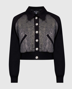 Balmain Черная укороченная джинсовая куртка с кристаллами BF0TH072DD76
