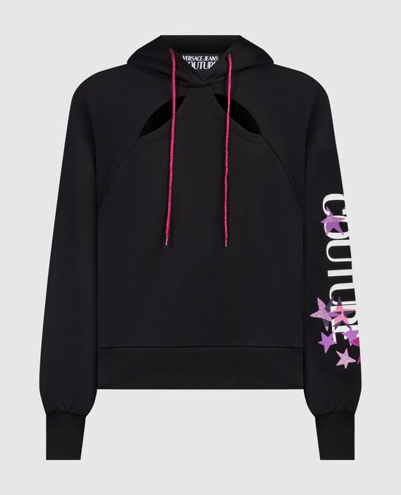 Logo print hoodie in black with a curved neckline