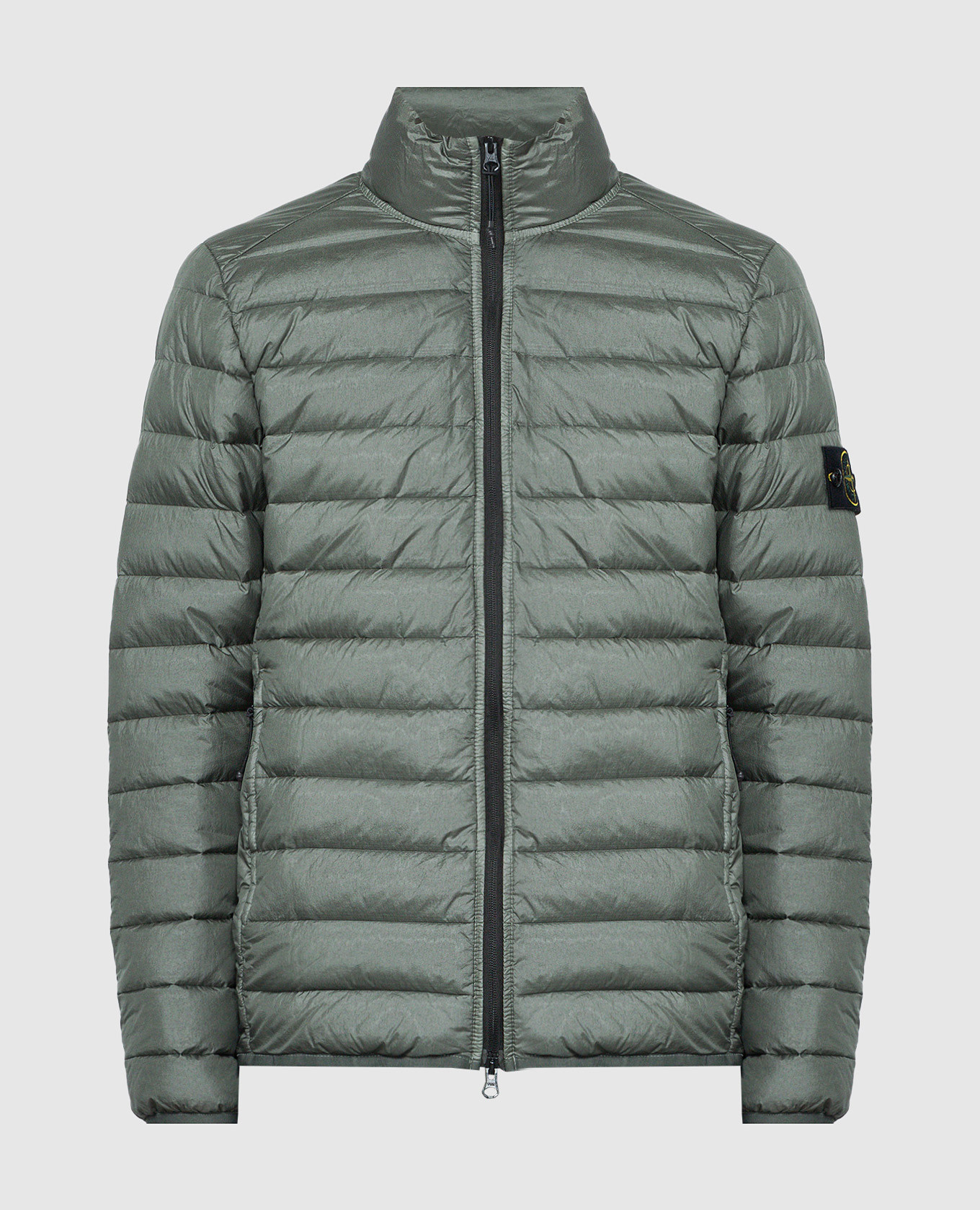 Green down jacket with logo patch