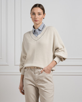 Brunello Cucinelli Бежевый пуловер в рубчик с цепочкой из эколатуни M19195902