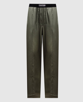 Tom Ford Темно-зеленые пижамные брюки из шелка с патчем логотипа T4H201010