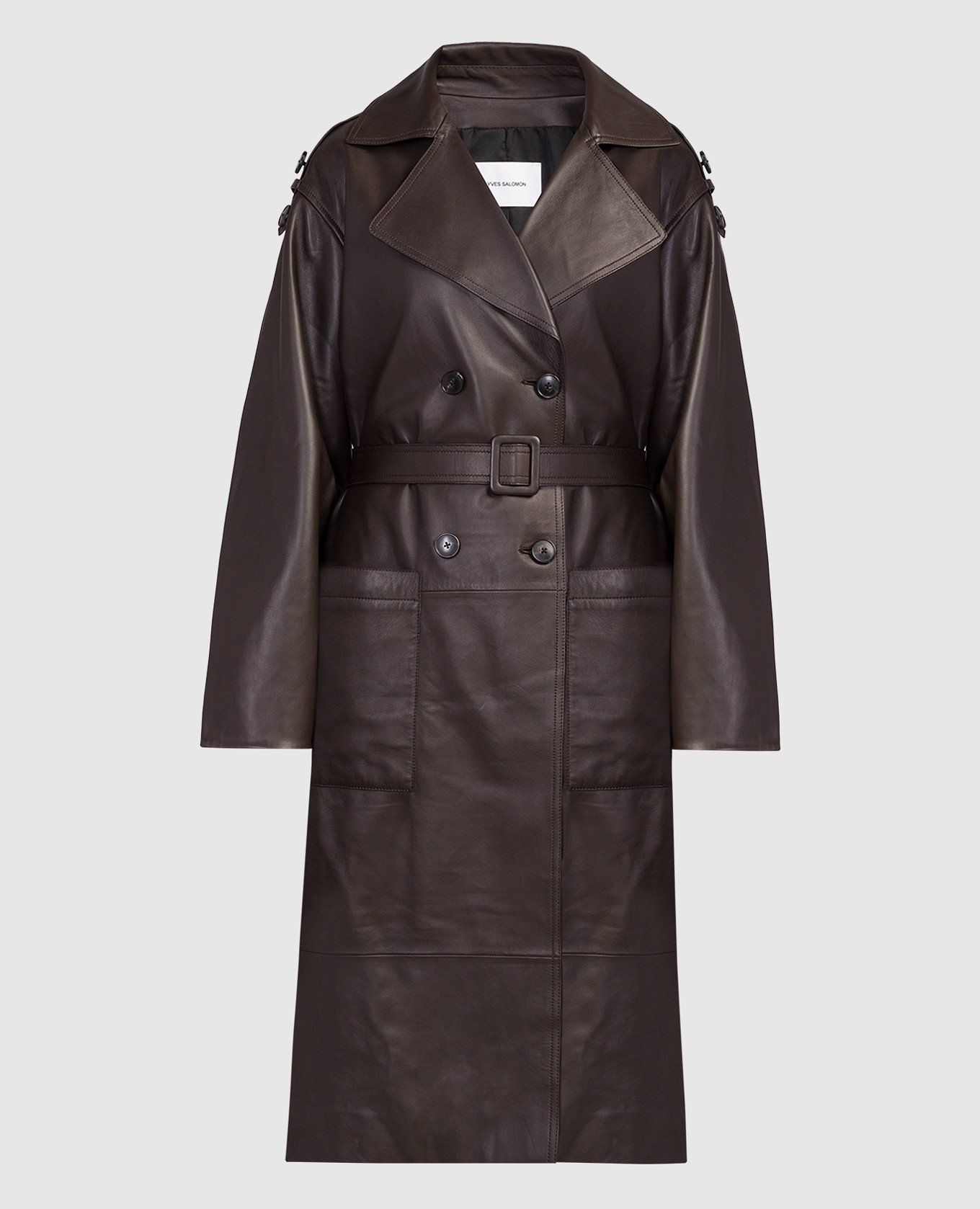 Brown double-breasted leather trench coat