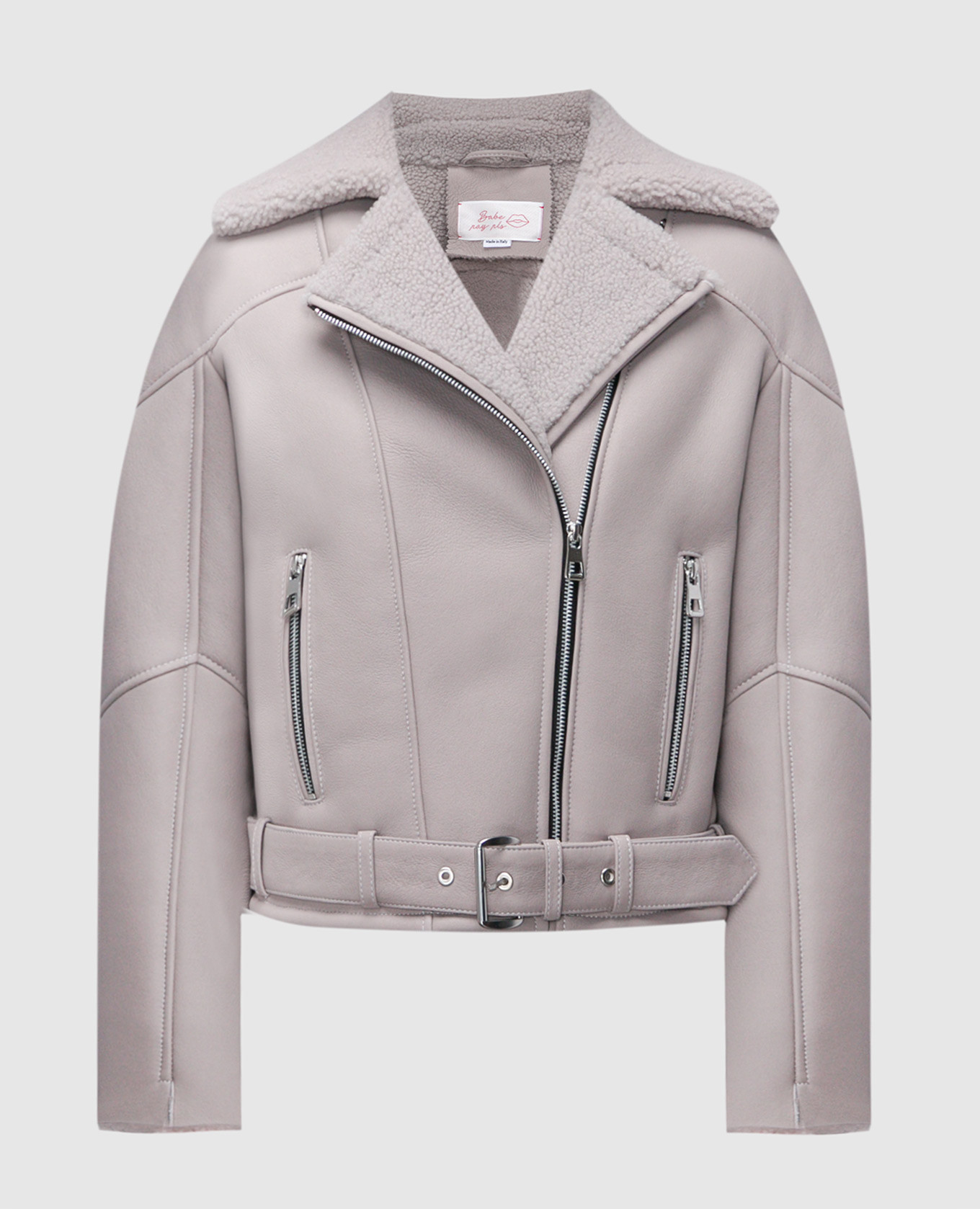 Gray short sheepskin coat in the style of a sheepskin coat