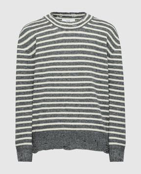 Ami Paris Серый свитер из шерсти в полоску с прорехами UKS027KN0017