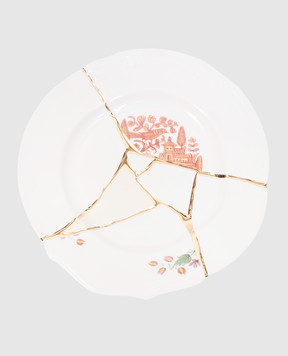 SELETTI Біла обідня тарілка Kintsugi з принтом та із золотим оздобленням 09611