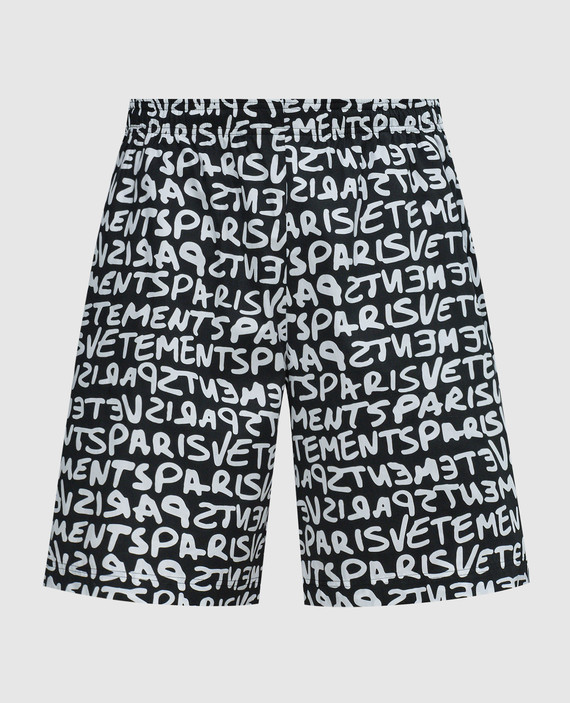 Black shorts with a contrasting logo print