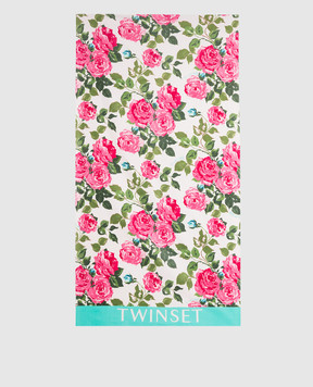 Twin Set White towel in floral print with logo 231LB47JJ