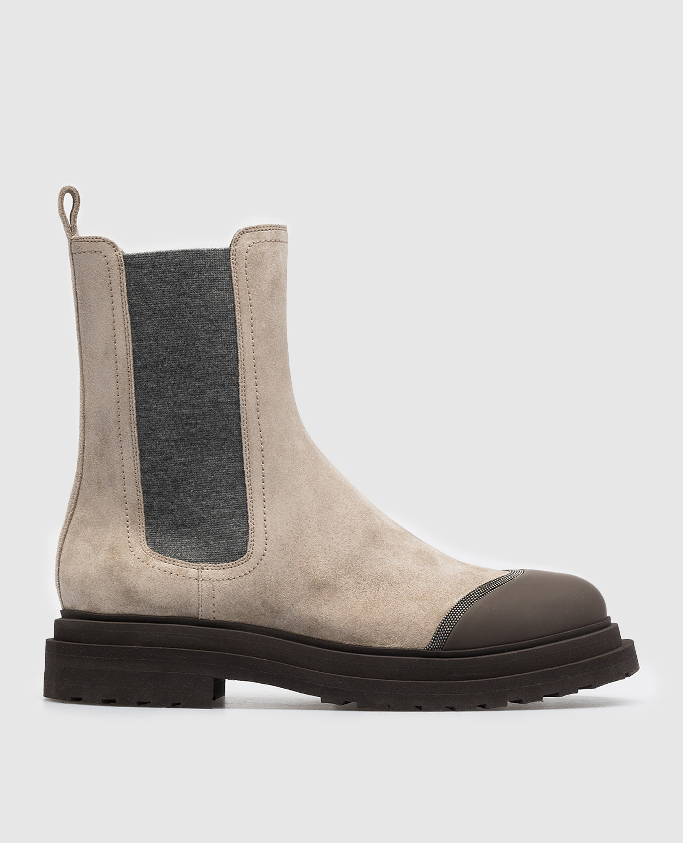 Beige suede chelsea boots with monil chain