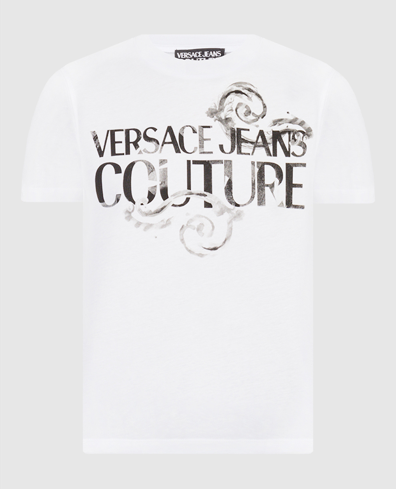 White t-shirt with a print of the Watercolor Couture logo