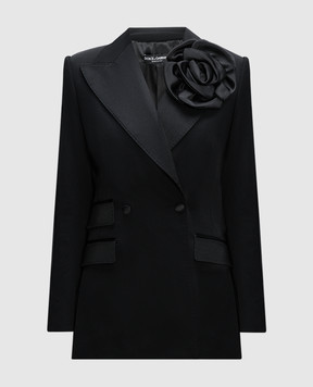 Dolce&Gabbana Чорний двобортний жакет з фактурною аплікаціею у вигляді квітки F29LMTFUBGB