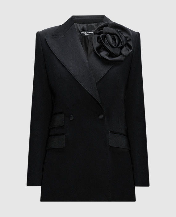 Black double-breasted jacket with a textured application in the form of a flower