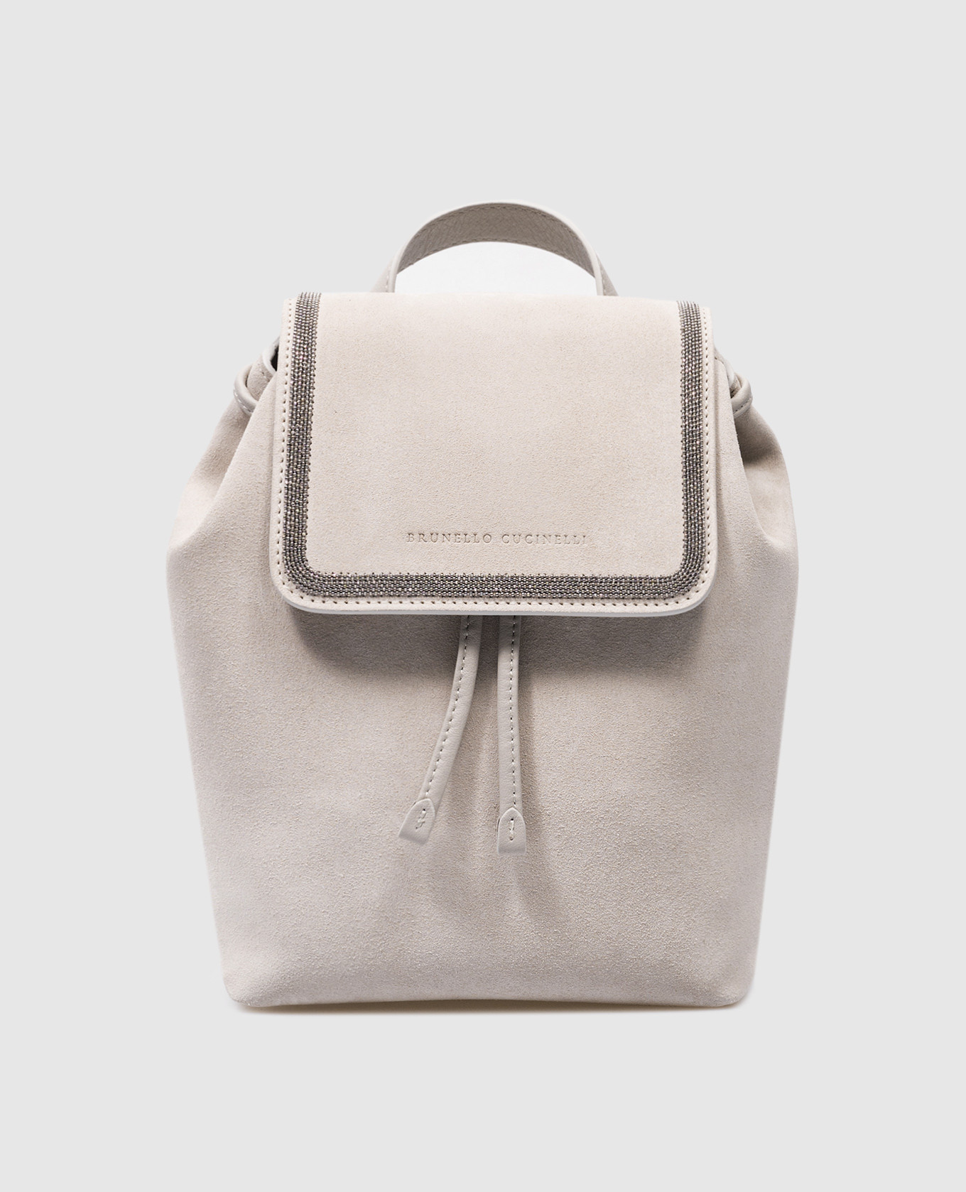 Gray suede logo backpack with monil chain