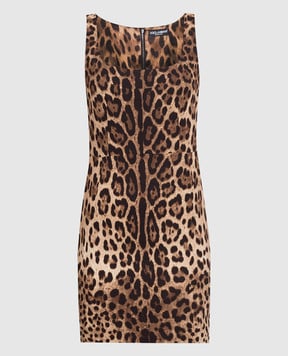 Dolce&Gabbana Коричневое платье мини из шелка в леопардовый принт F6BDXTFSADD