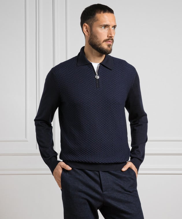 Stefano Ricci Blue cashmere and silk polo with a geometric pattern K606347P30F23444 image 3