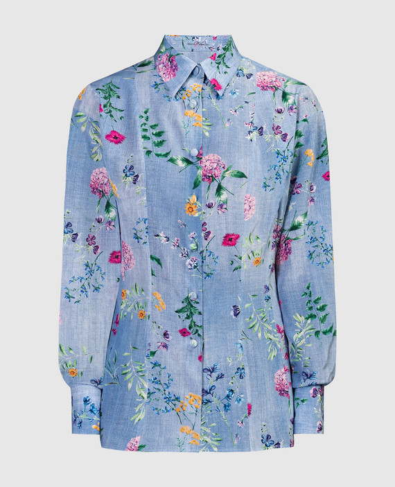 Блакитна блуза із шовку в квітковий принт