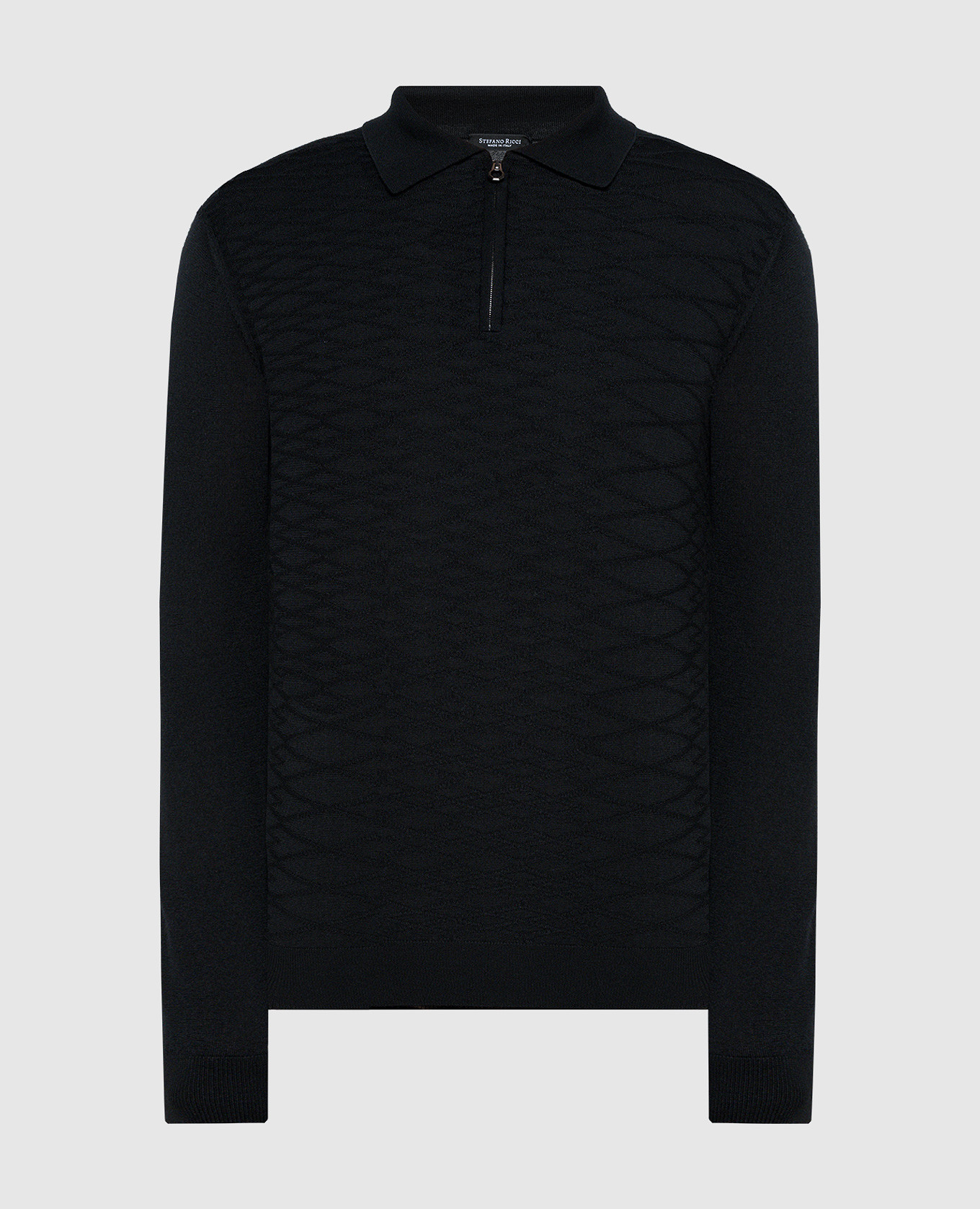 Black polo in cashmere and silk with a textured pattern and logo