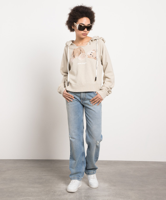 Palm Angels Бежевое худи с принтом Медведь с винтажным эффектом PWBB061S23FLE001 изображение 2