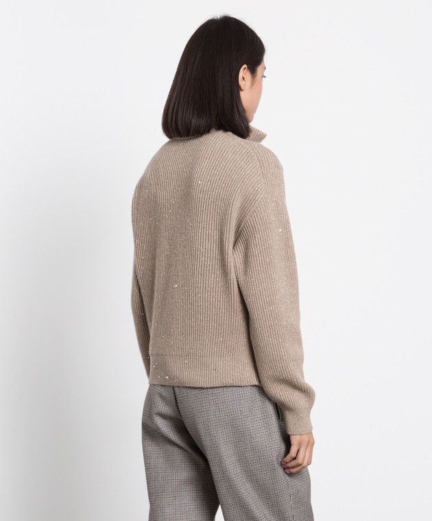 Brunello Cucinelli Темно-бежевый кардиган в рубчик с пайетками и люрексом MBM755906P изображение 4