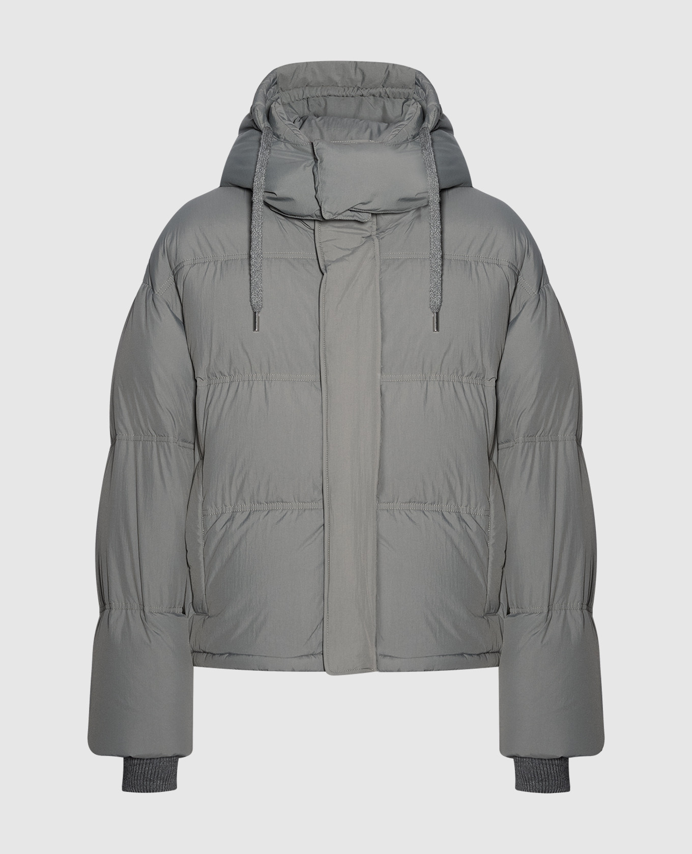 Gray straight-cut down jacket with logo patch