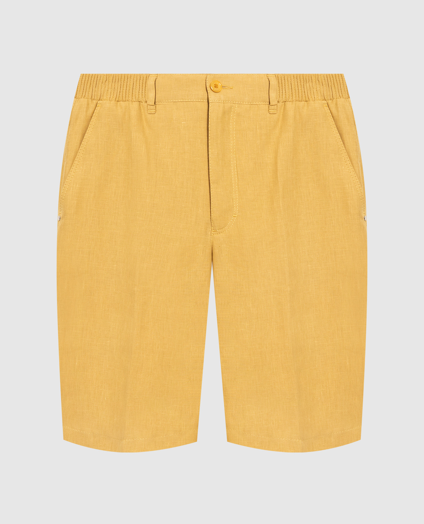 Желтые шорты с вышивкой логотипа из льна.