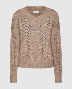 Brunello Cucinelli Коричневый ажурный пуловер с пайетками MPT361502