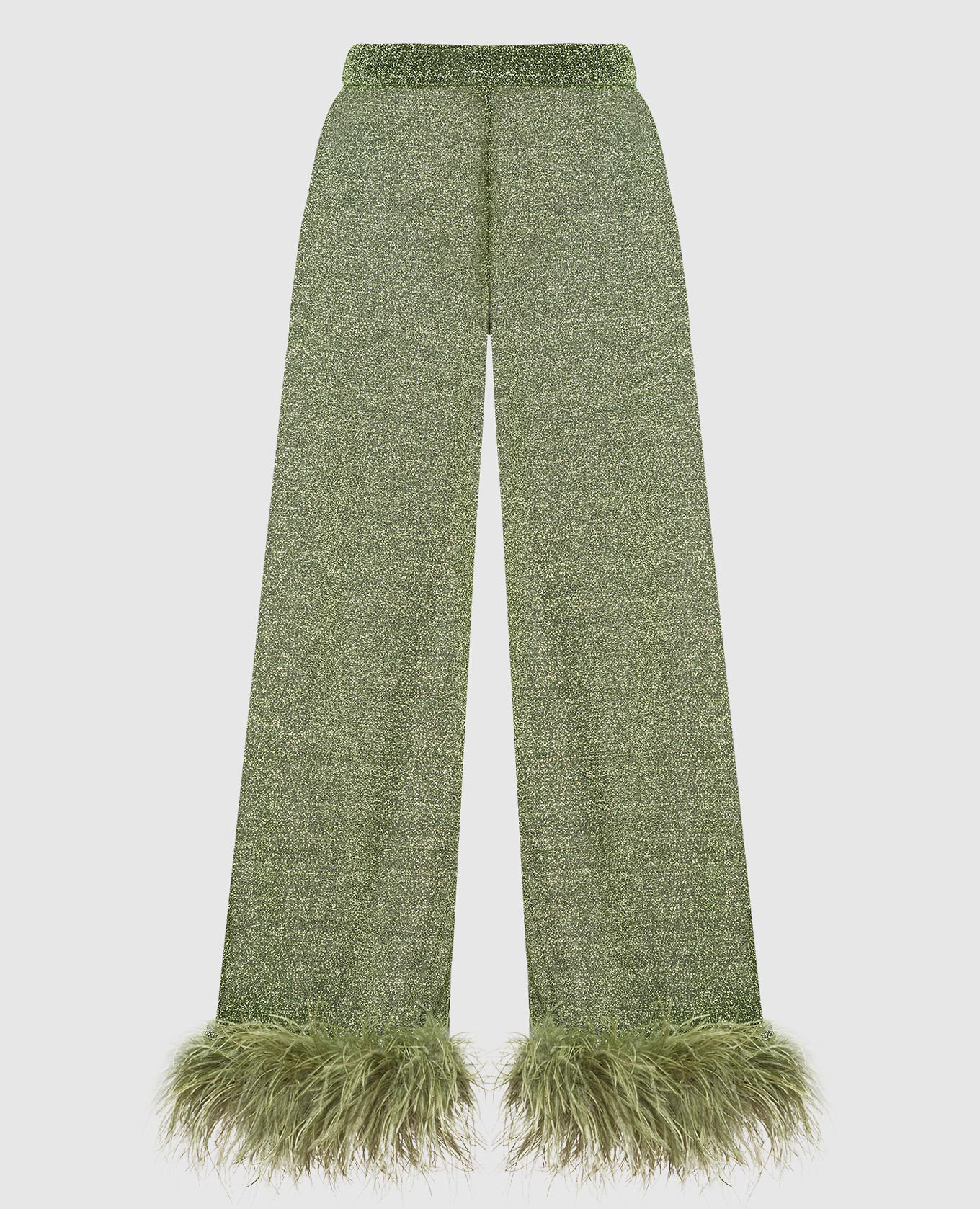 Зеленые брюки Lumiere Plumage с люрексом и страусиными перьями.