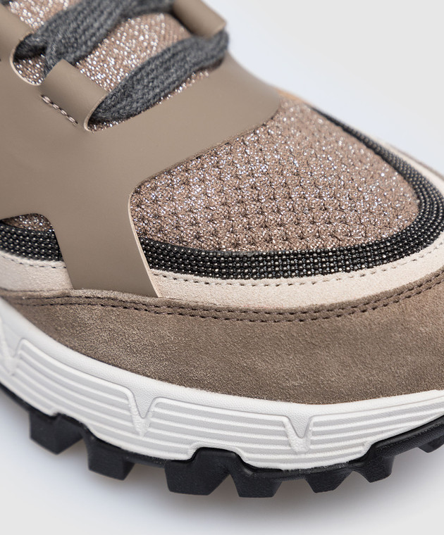 Brunello Cucinelli Коричневые комбинированные кроссовки с люрексом и цепочкой мониль MZ34G2266P изображение 4