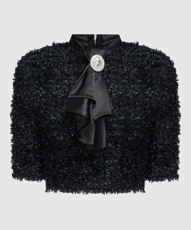 Balmain Black Silk Ascot Collar Top BF0AI135MD26